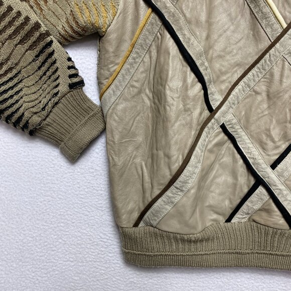 VINTAGE Saxony Sweater Mens L Brown Geometric Leather Pullover Knitted - Picture 4 of 12